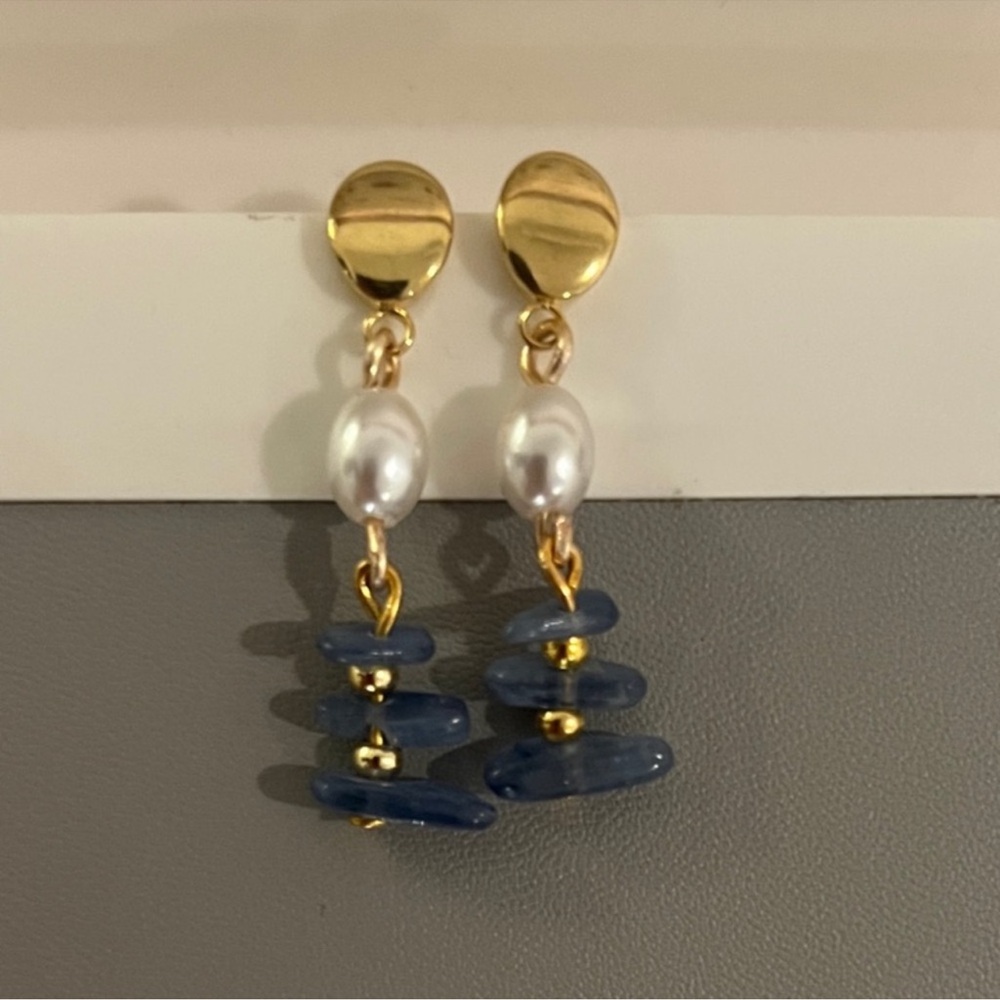 Elegant Gold and Blue Raw Natural Kyanite Dangle Earrings